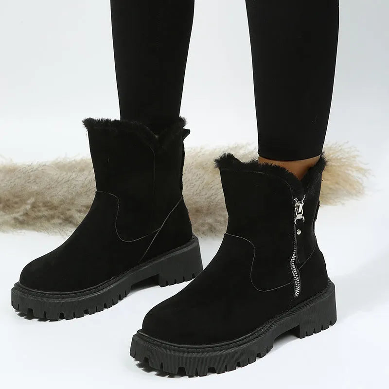 Women's thick plush snow boots with side zip, faux suede upper and non-slip rubber sole