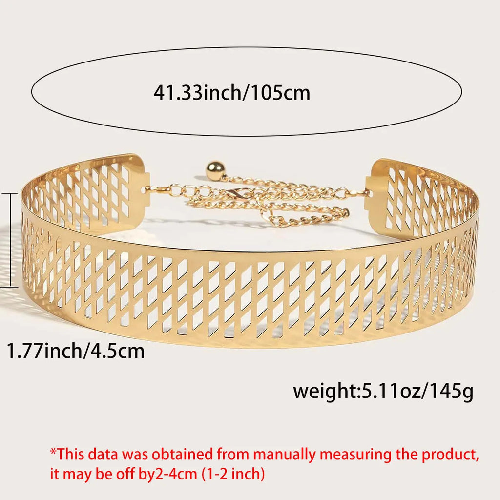 Gold thick leather look waist belt with alloy buckle, shown with hook fastening, length 105cm.