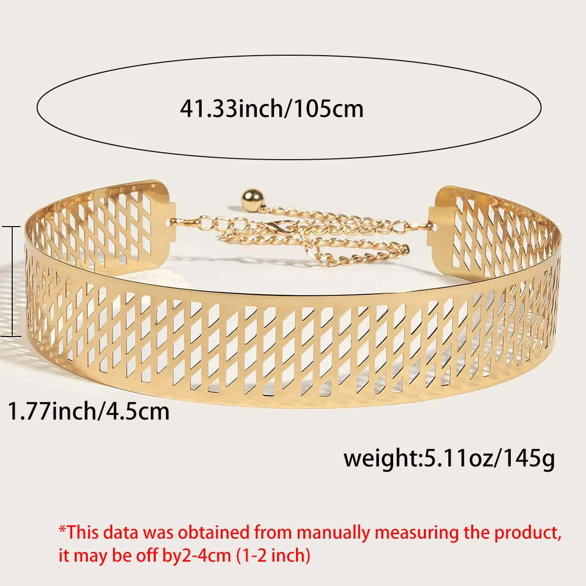 Gold thick leather look waist belt with alloy buckle, shown with hook fastening, length 105cm.