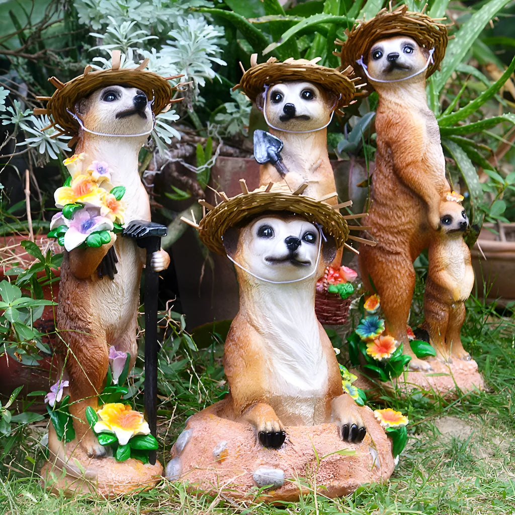 Straw hat mongoose garden ornament figurine in resin plastic.