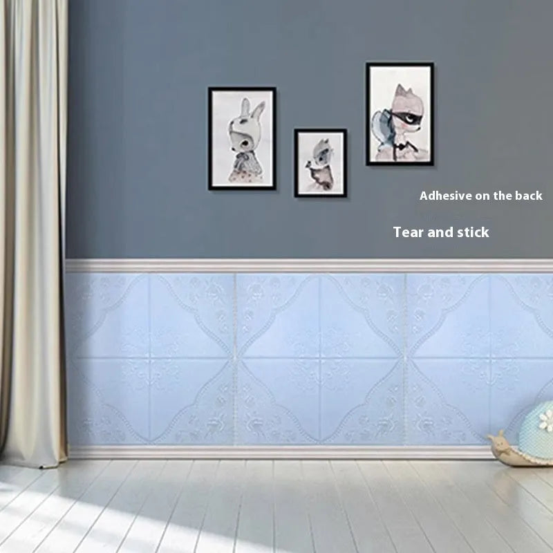 Thickened waterproof XPE foam wall sticker 70cm square Light Blue with three-dimensional plants and flowers pattern