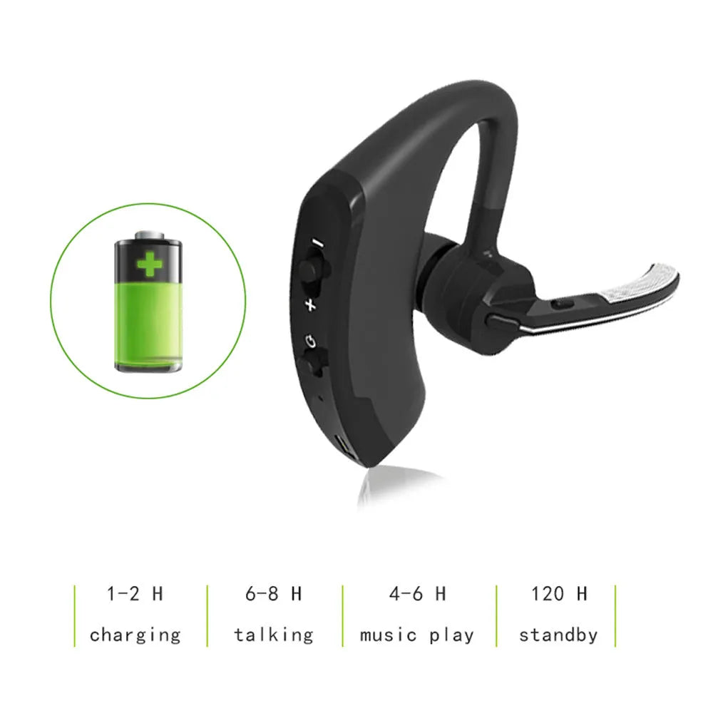 V9 Jerry black Bluetooth headset with ear-bud and charging cable on a white background