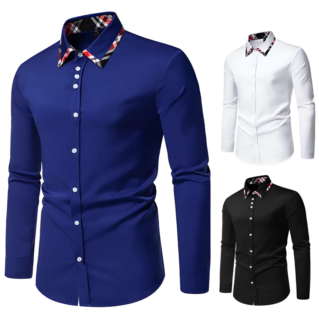 Men's casual long sleeve shirt with triangle collar and plaid contrast colour design in polyester blend fabric
