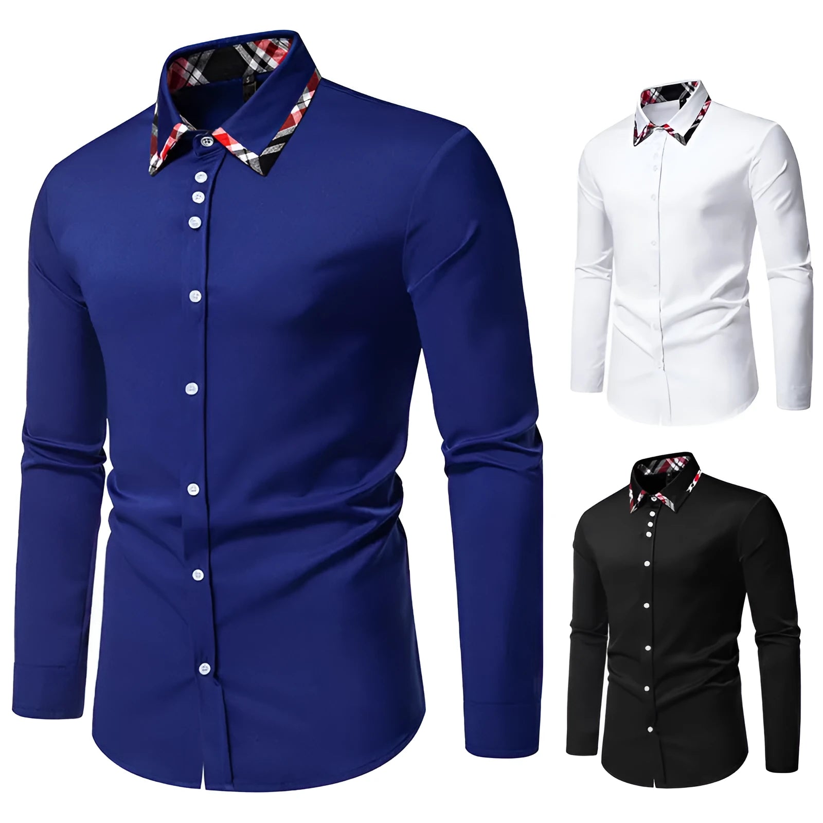 Men's casual long sleeve shirt with triangle collar and plaid contrast colour design in polyester blend fabric