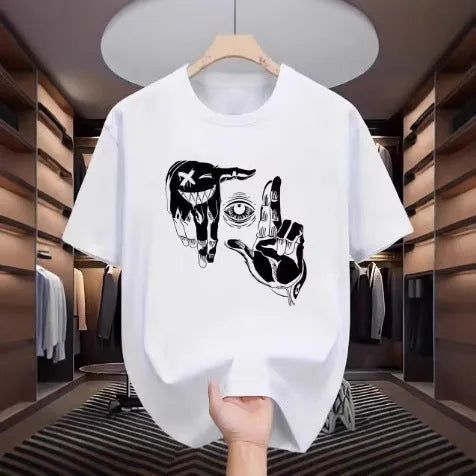 Men's mesh t-shirt with cartoon digital print showing round neck and short sleeve design