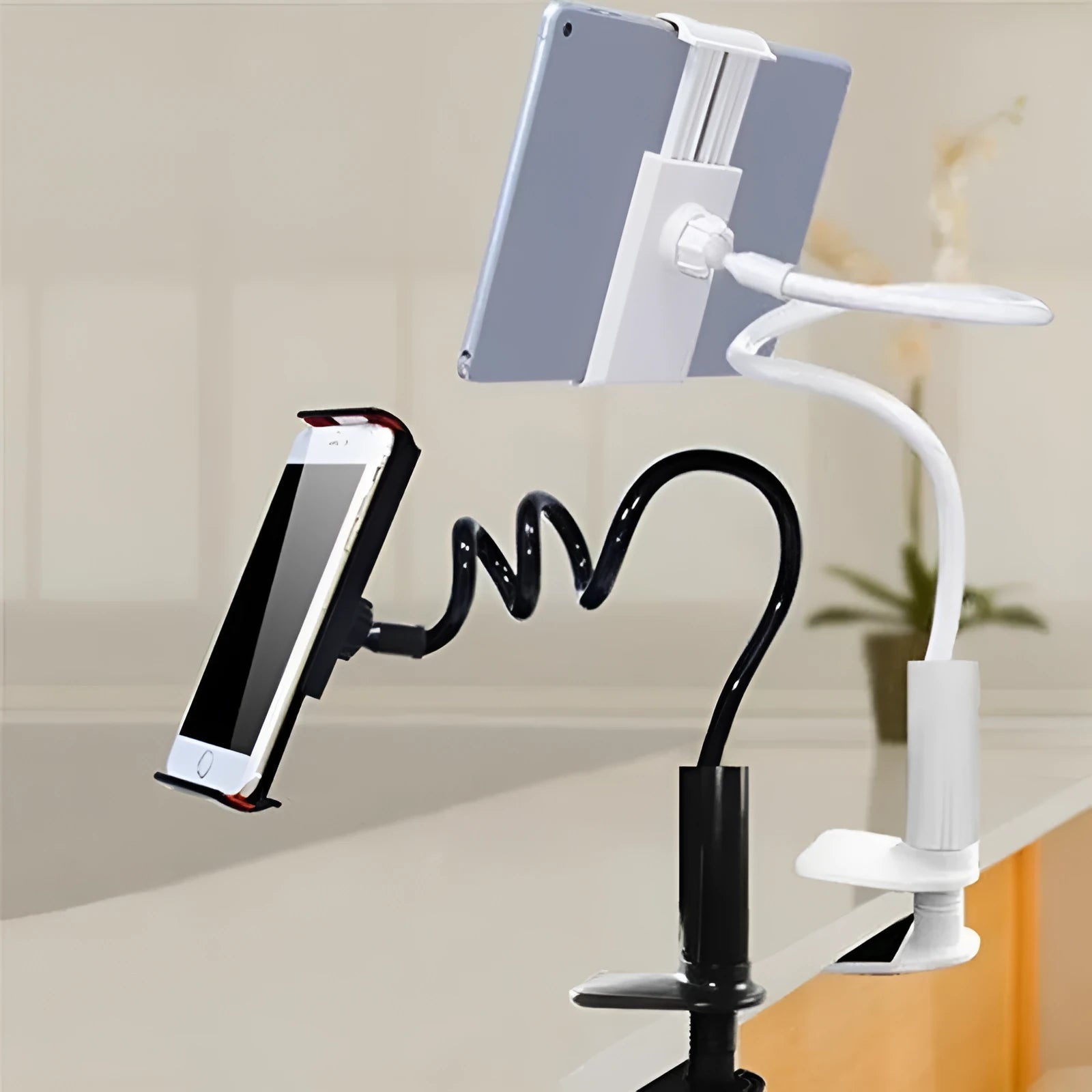 Flexible magnalium phone and tablet holder with adjustable arm and suction cup base