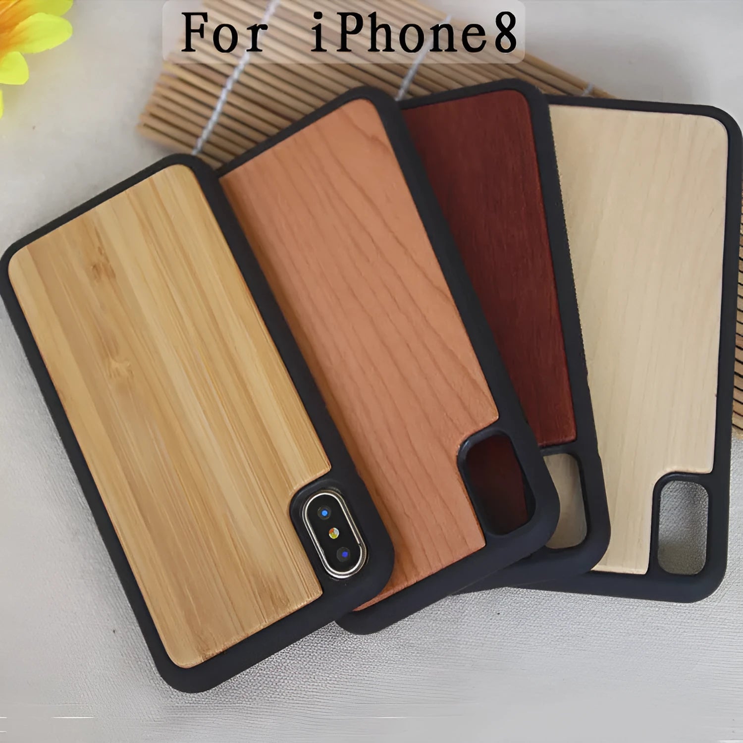 Wooden carbonized bamboo and TPU plastic iPhone case shown in bamboo colour.