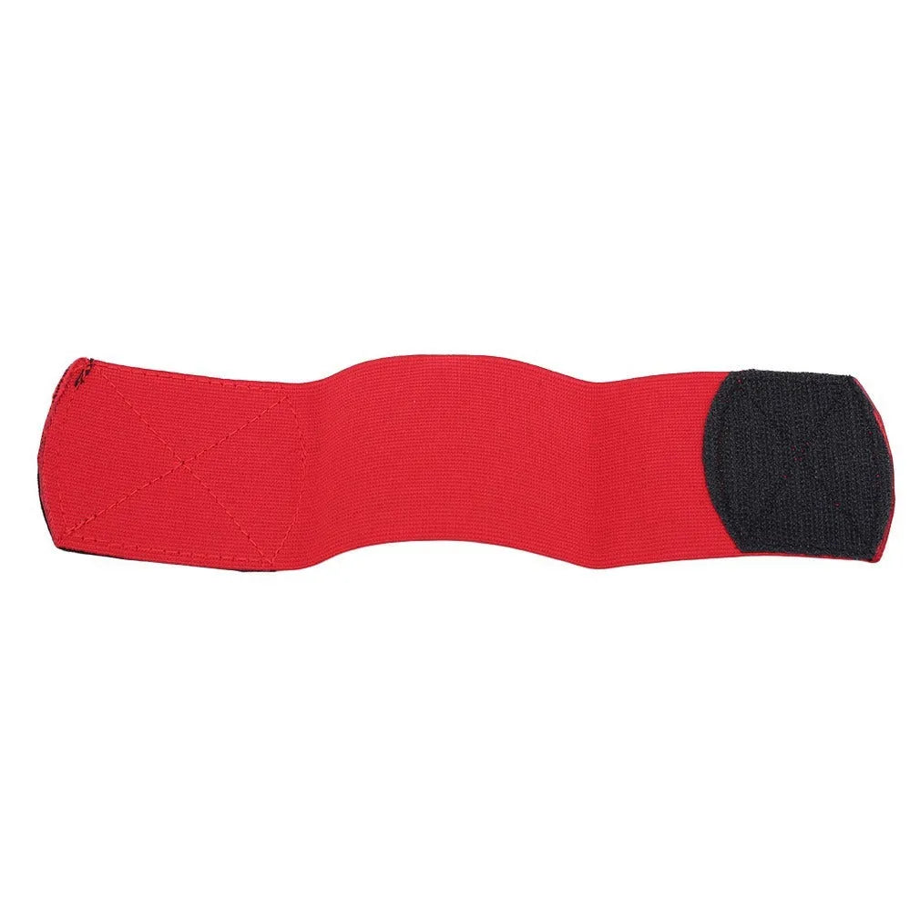 Red rubber football shin guard magic tape belt showing elastic strap for sports protection