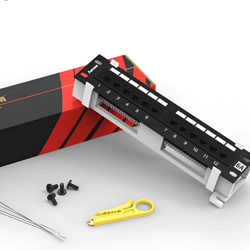 Black 12-port unshielded network distribution frame made of cold rolled steel, shown with screws and routing knife.