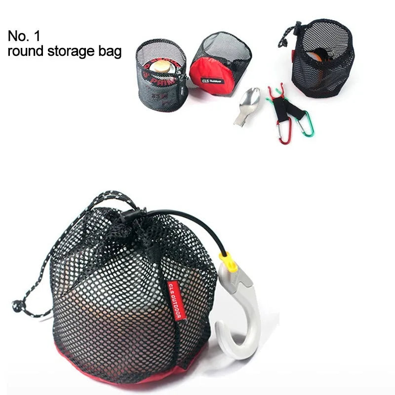 Red five-piece outdoor travel toiletry bag set with zippers and mesh panels