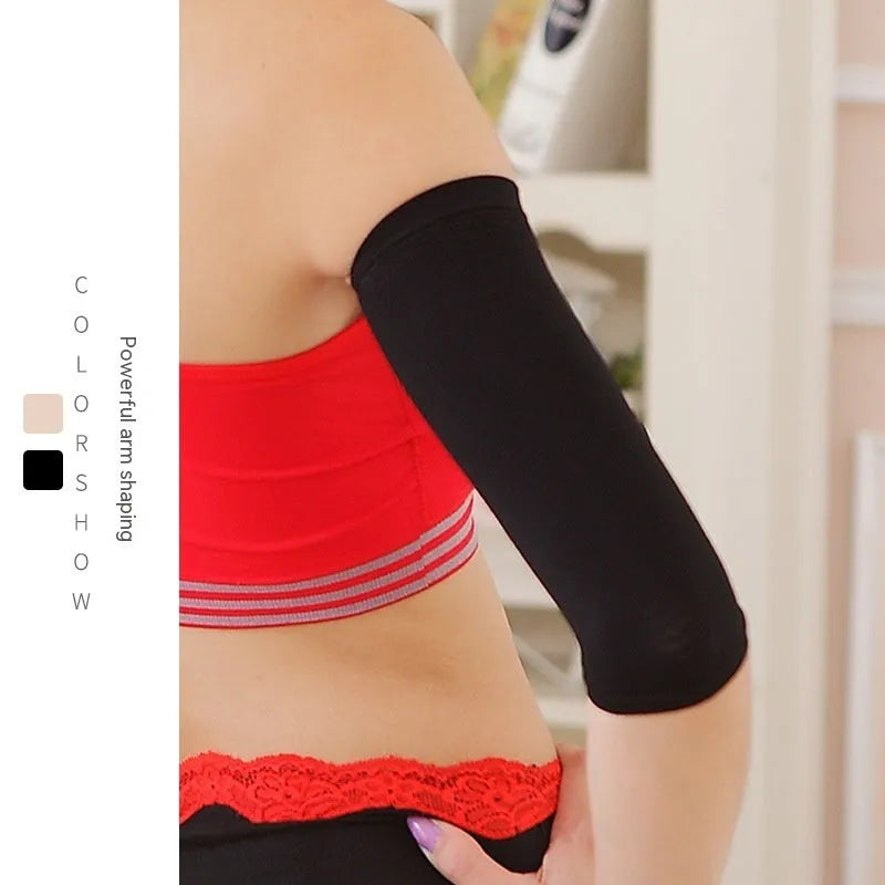 Women's free size shaping arm sleeves in black and skin colour made from nylon fabric