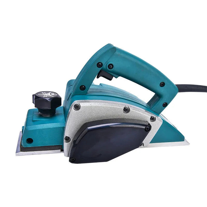 Red desktop electric wood planer with aluminium shell and 82mm planing width