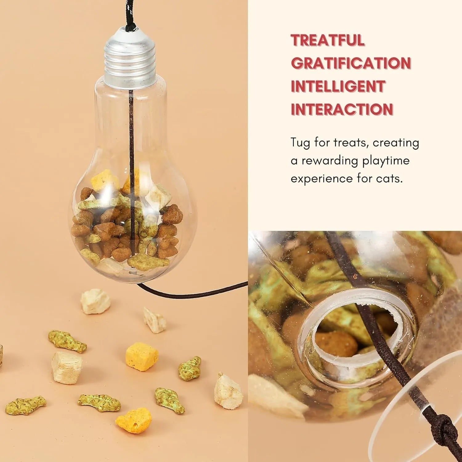 Grey and yellow interactive cat toy with swinging mouse, sound response, and treat dispenser on retractable cord