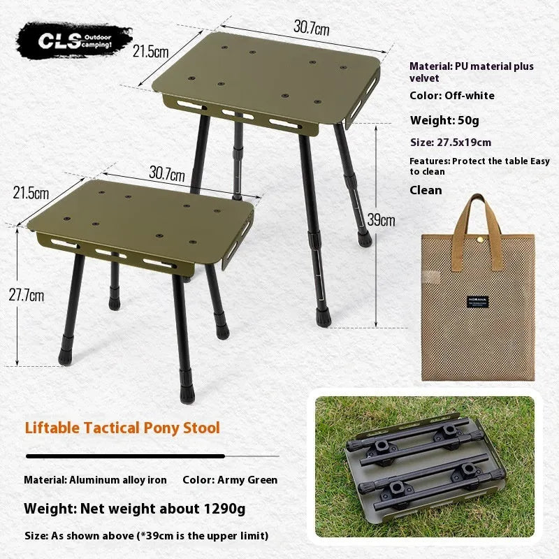 CLS aluminium folding camping stool shown in army green, converted into a small table.