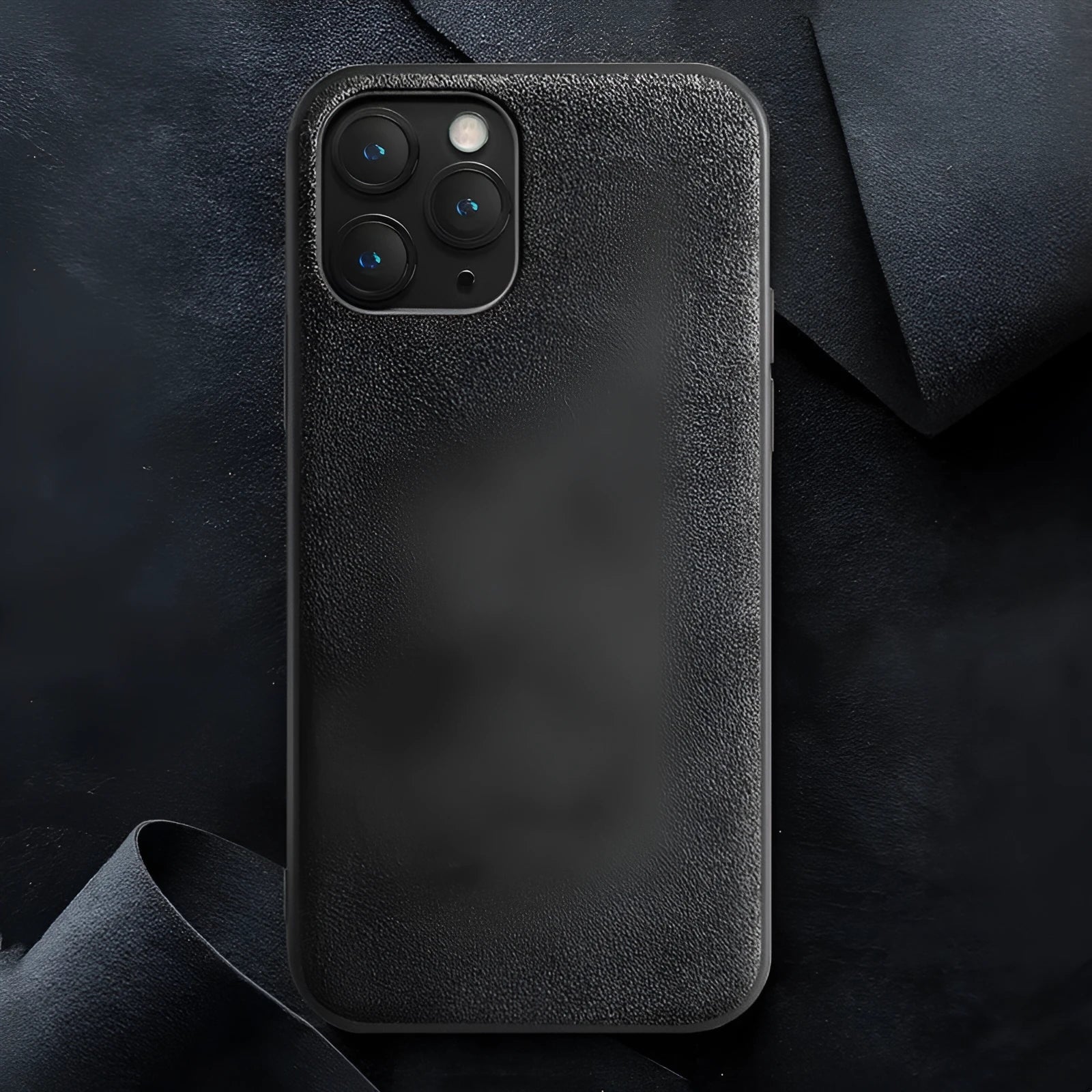 Suede full-cover iPhone case in dark blue colour showing back and side protection