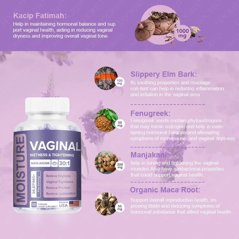 Bottle of 60 vaginal capsules for adult women's intimate care with extraction-based formulation