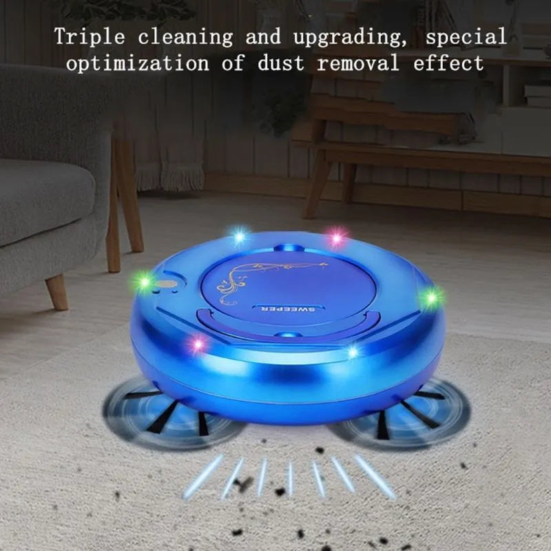 Lazy Smart floor sweeping robot in blue, black or white colours with charging cable and accessories