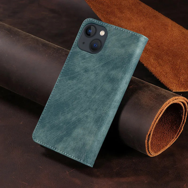 Magnetic leather flip phone case for iPhone in solid colours showing front and back views.