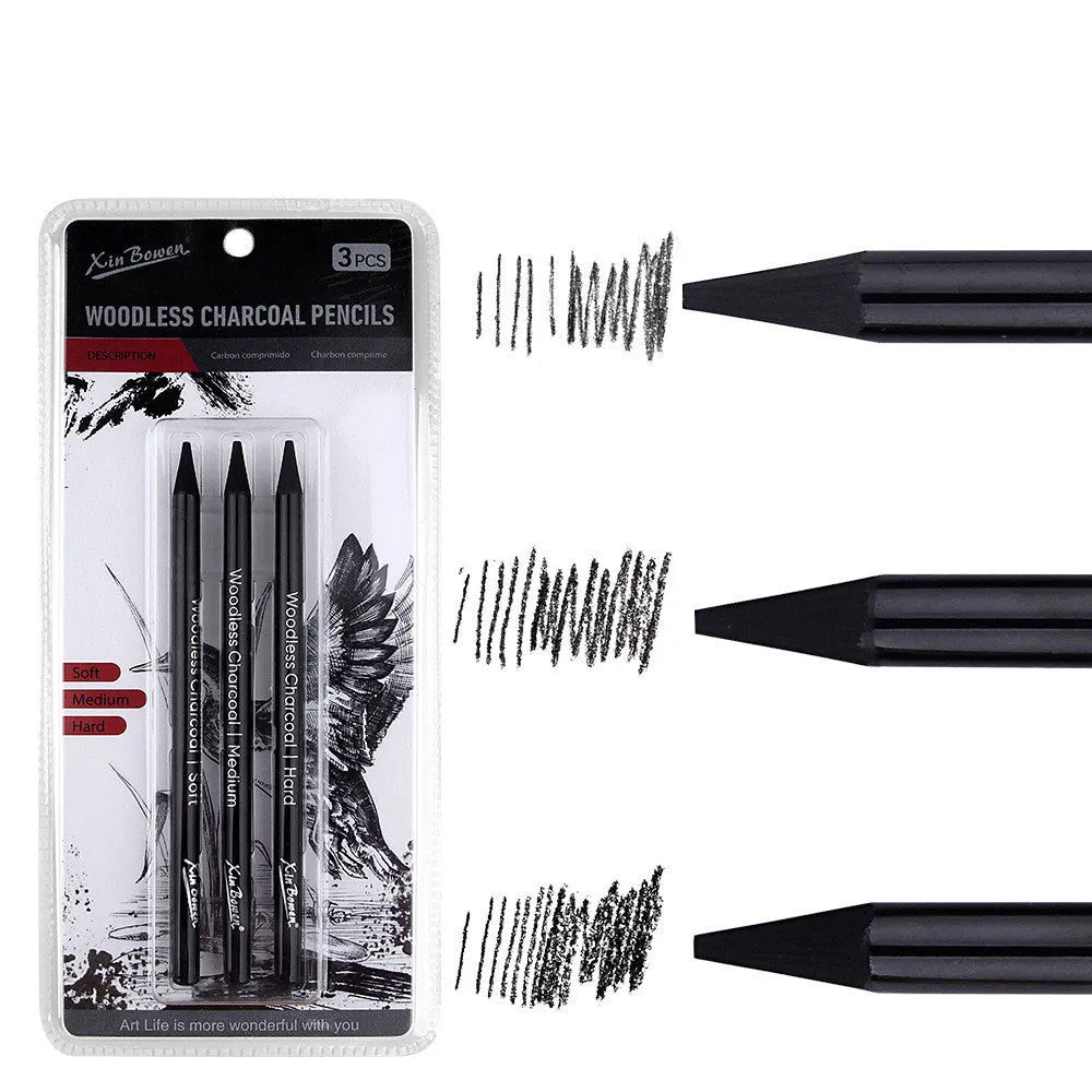 Six wood-free graphite sketching pencils showing different darkness grades from HB to EE