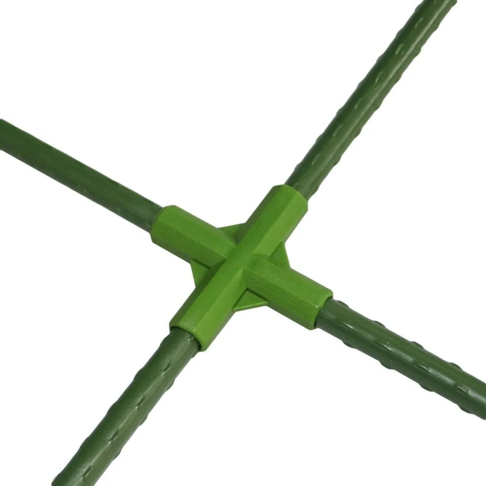 Two white plastic plant stake connectors, one three-way and one four-way, for 11mm garden stakes.