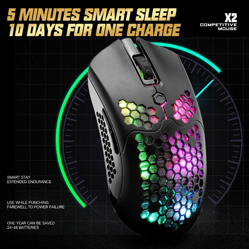 Free Wolf X2 wireless gaming mouse with RGB lighting in five colour choices on a desk