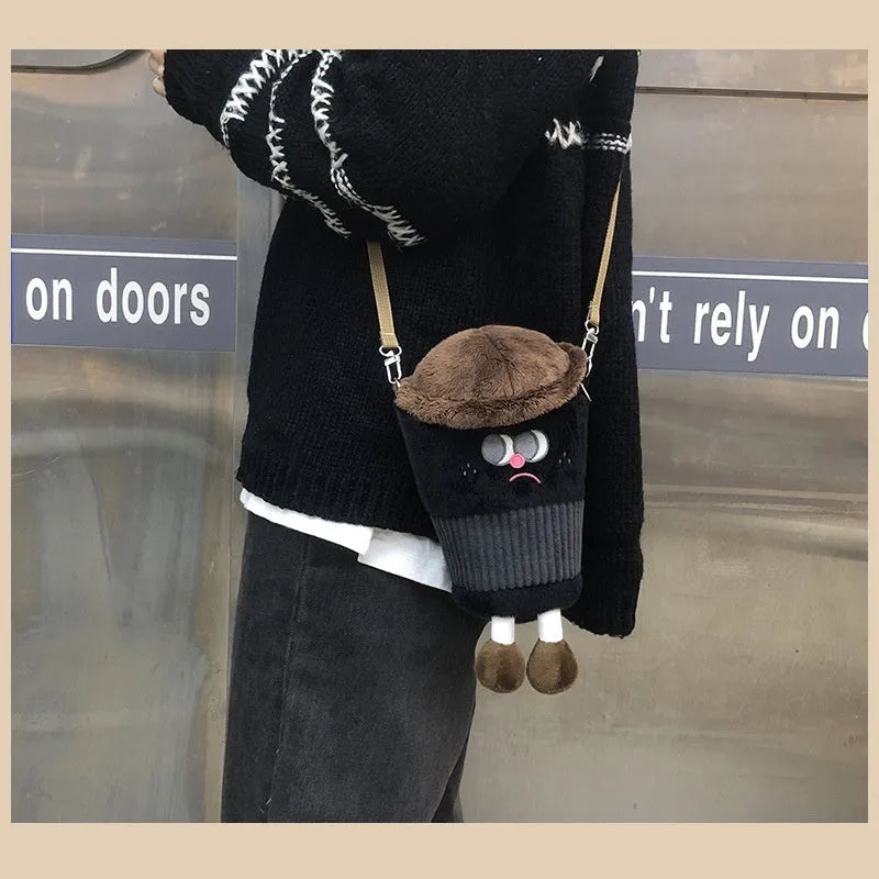 Cute plush bucket crossbody bag with embroidery in milky tea cup shape Latte colour