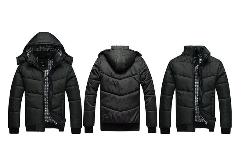 Black winter parka with removable hood and adjustable waist, full front zip, available in sizes M to 4XL
