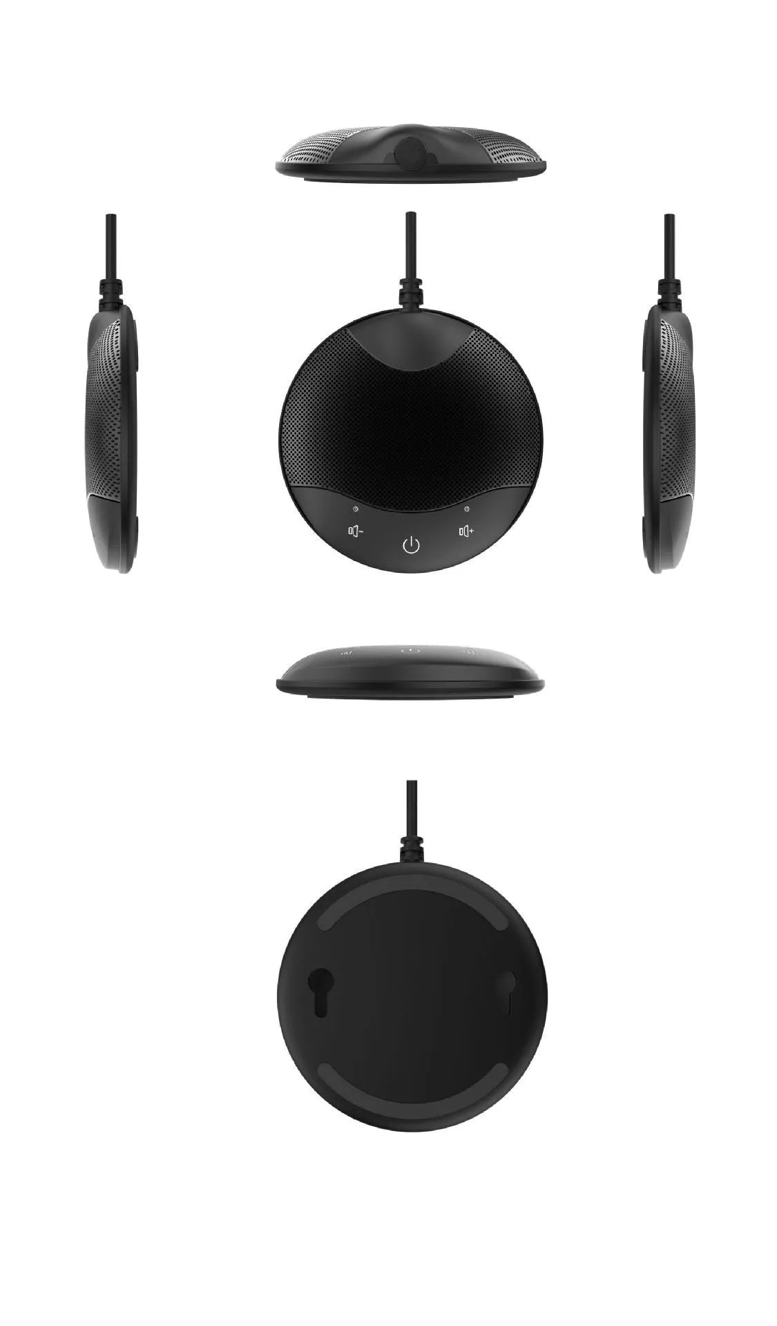 Black USB condenser microphone for conference calls and gaming with compact 9x9cm design