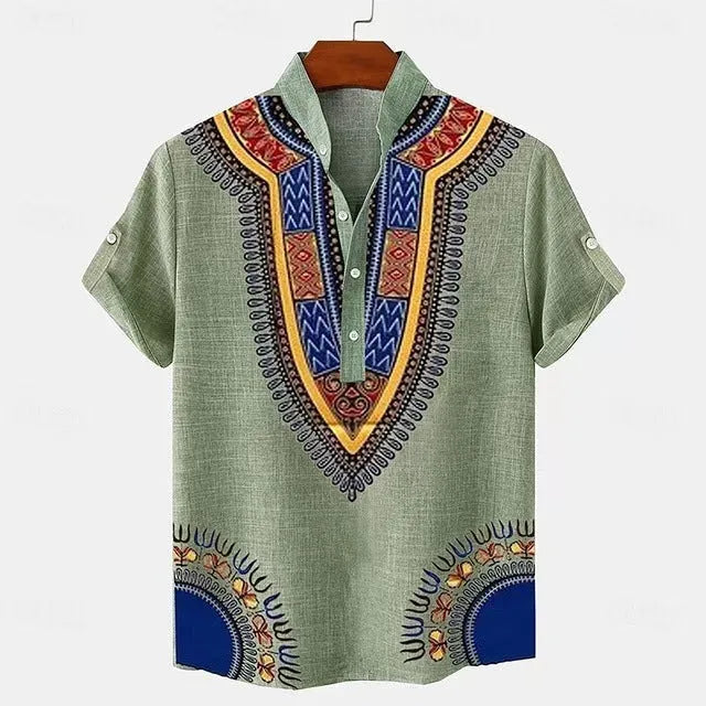 Men's loose-fit striped casual shirt in polyester linen-look fabric with button-down front