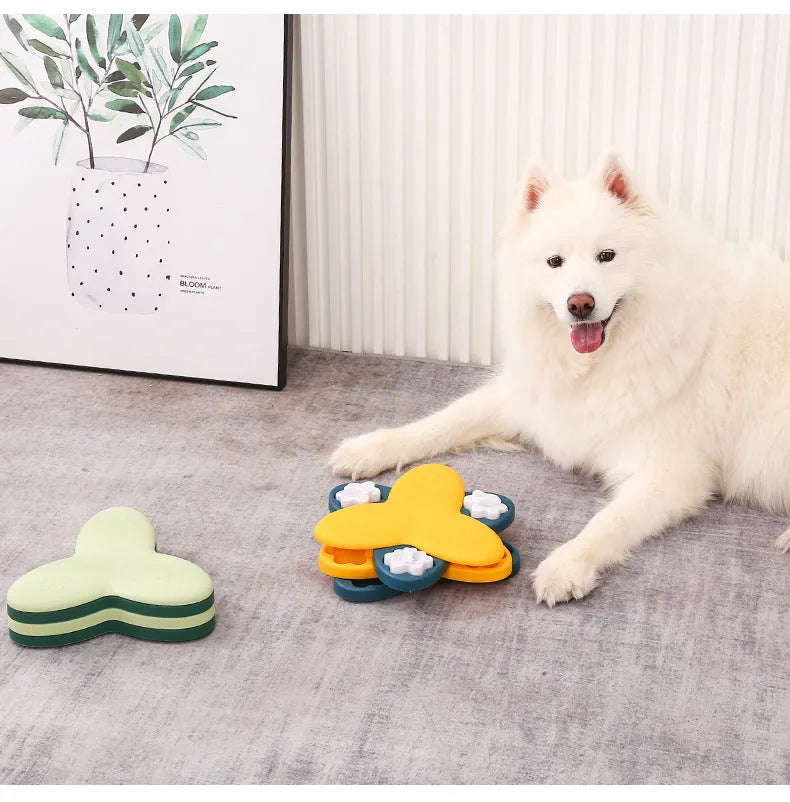 Green dog puzzle toy with bone-shaped lids and non-slip base for treat dispensing