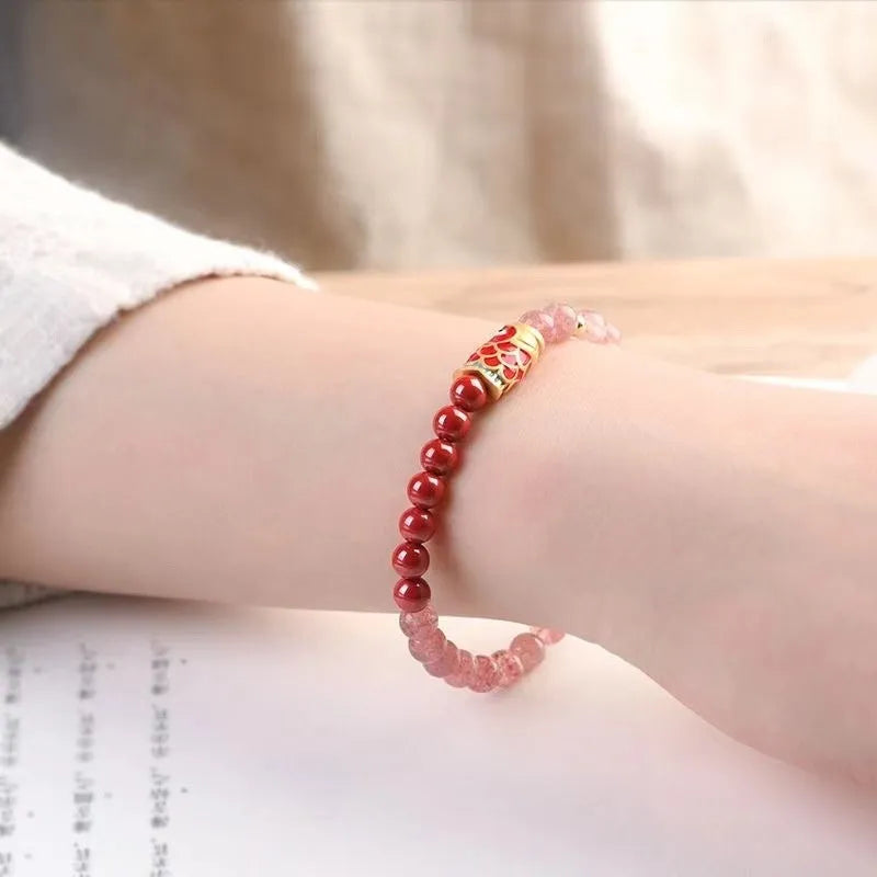 Women's purple cinnabar and strawberry quartz bracelet with dripping oil treatment