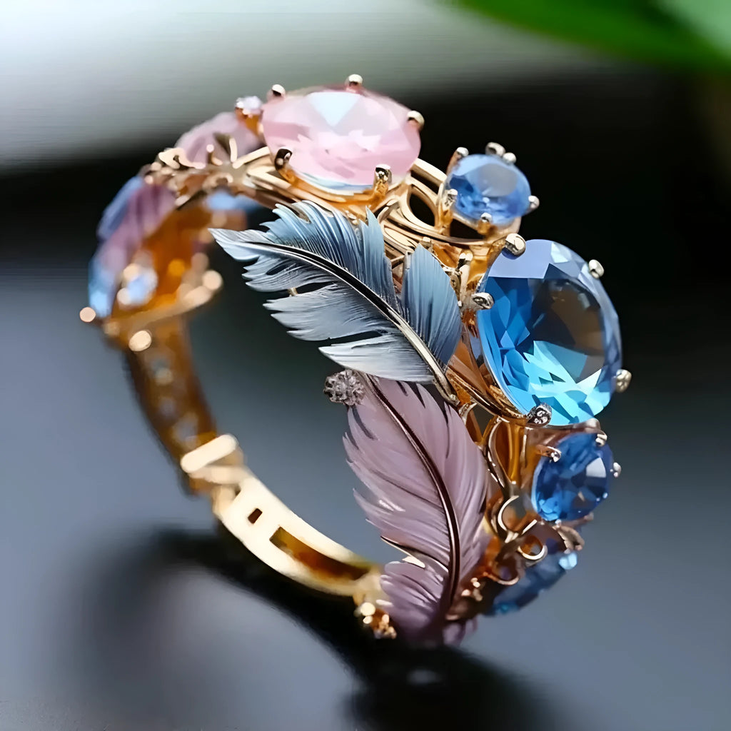Gold-coloured brass ring with embossed feather design and geometric shape featuring zircon inlay details