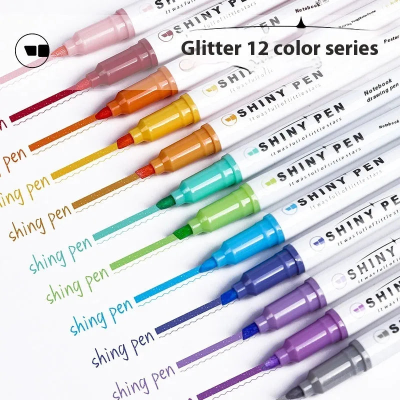 Set of four Star River glitter fluorescent highlighter pens with slanted tips in assorted glitter colours.