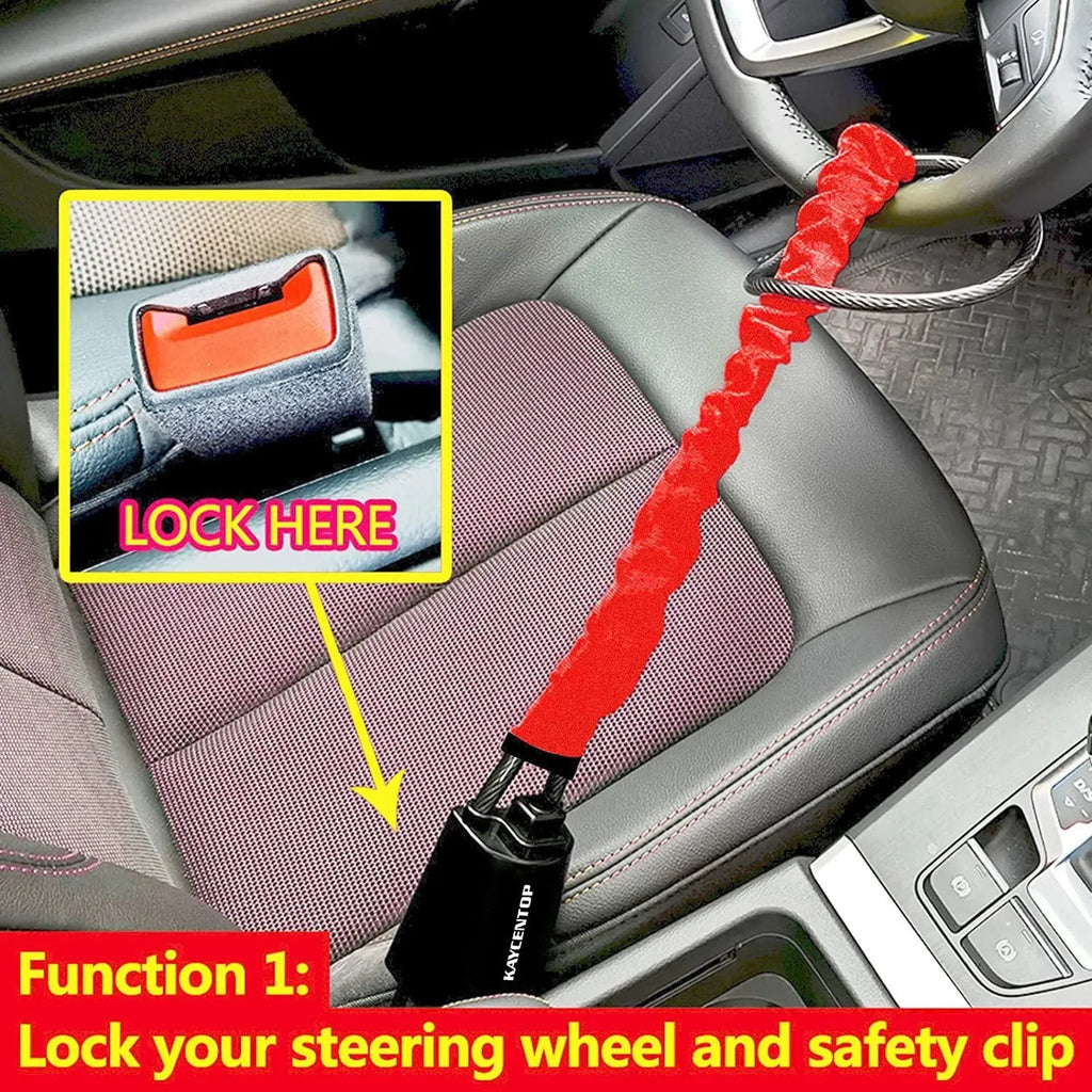 Red iron car steering wheel lock for General Motors vehicles showing wire rope design and copper lock core