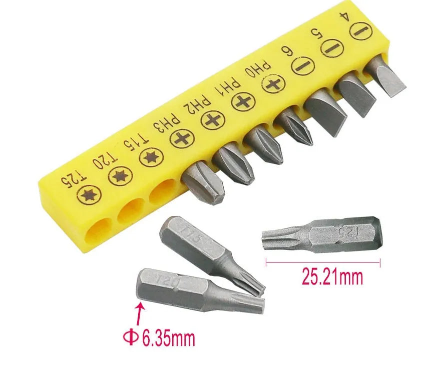 L-shaped double-headed socket wrench with 10 screwdriver bits on work surface