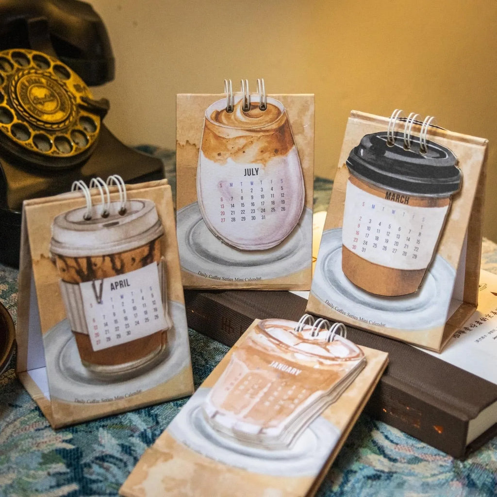 Mini desk calendar 2025 with coffee themed designs including four model options