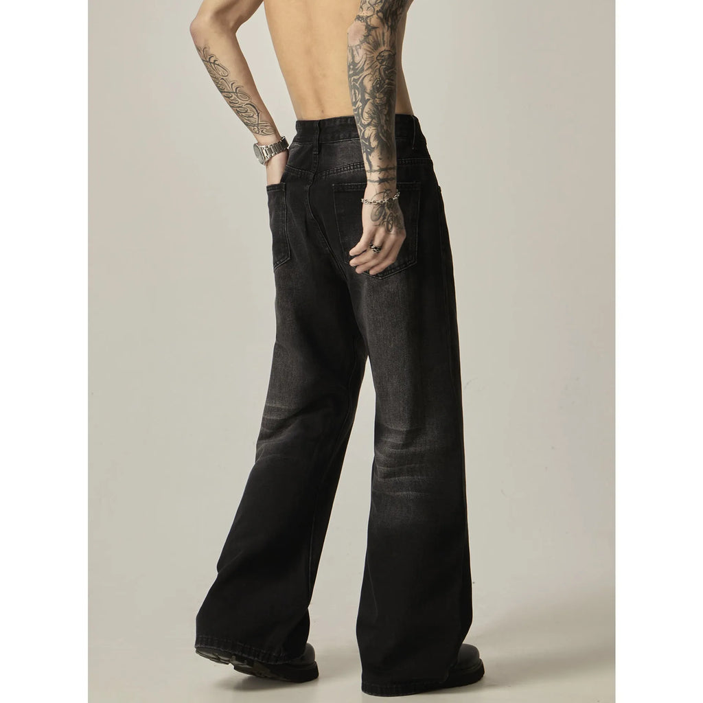 Black loose straight jeans with retro American styling and zipper fly opening