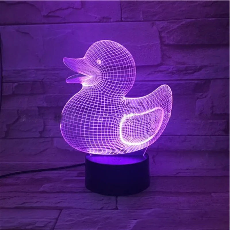 Little yellow duck 3D acrylic night light with remote control on ABS base, showing multi-colour glow.