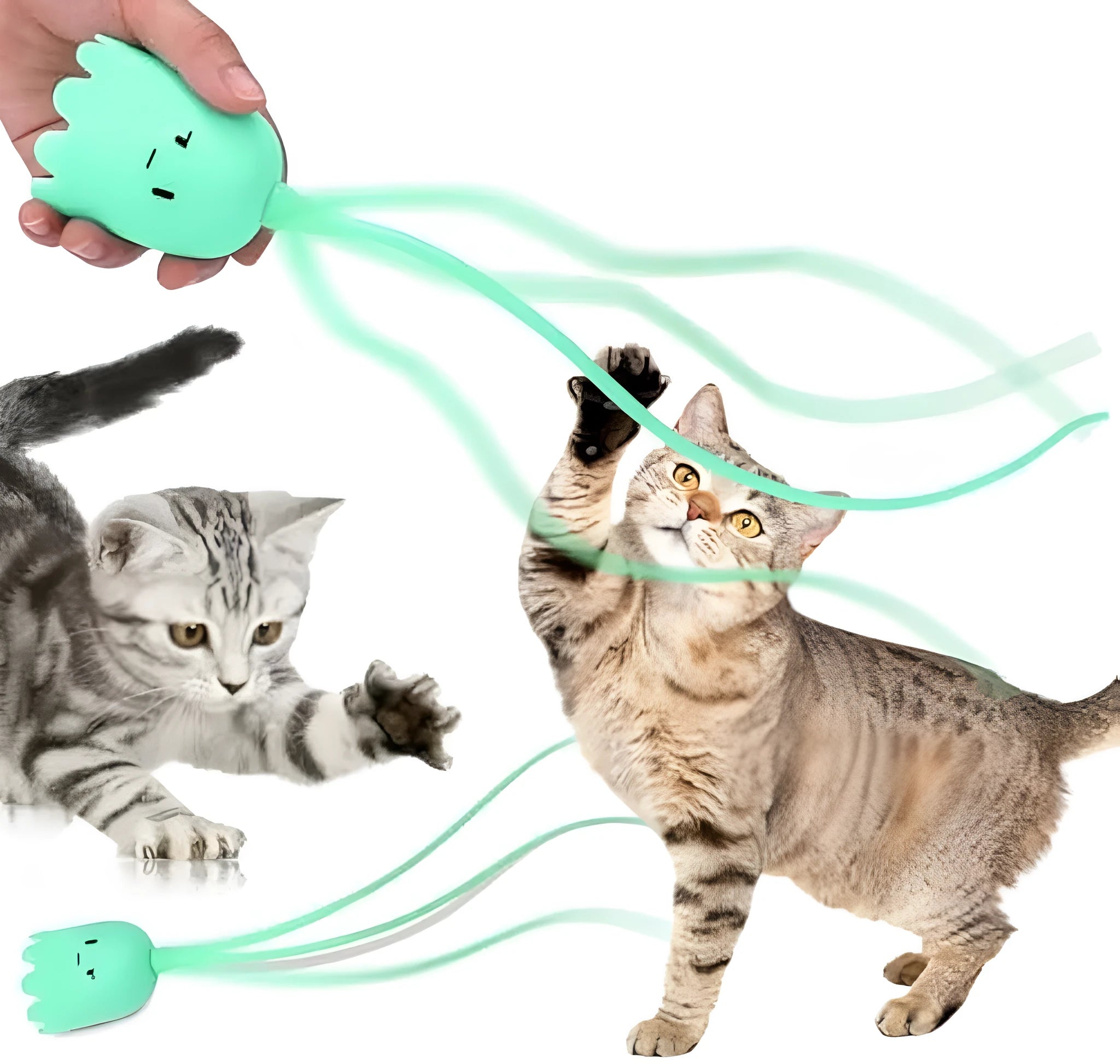 Green automatic cat wand toy with swinging silicone tails on wooden floor