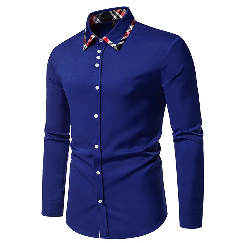 Men's casual long sleeve shirt with triangle collar and plaid contrast colour design in polyester blend fabric