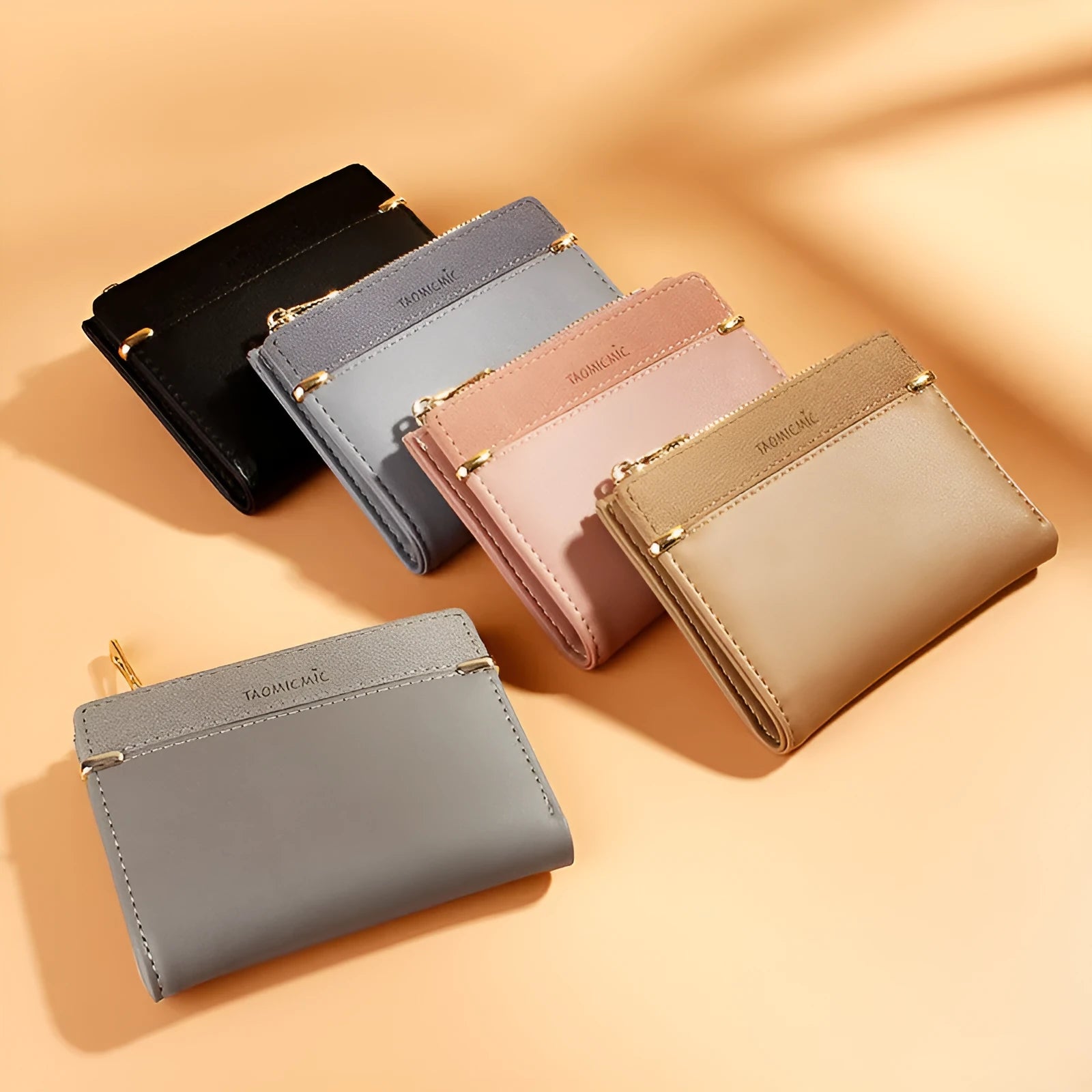 Black PU leather ladies wallet open to show card slots, bill holder, photo slot, and zipper compartment.