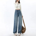 Women's retro blue wide leg jeans with high waist and straight leg cut