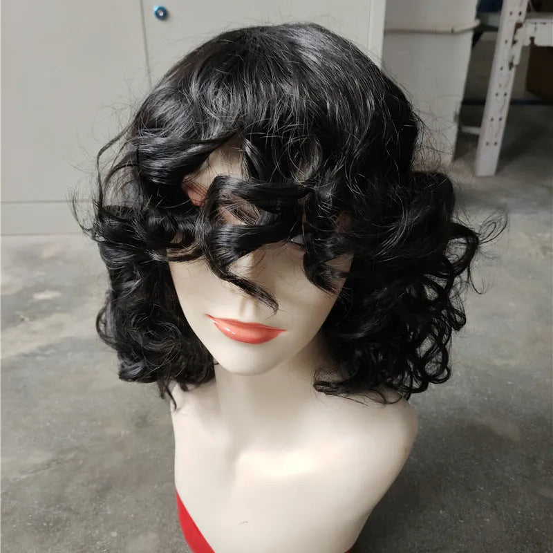 Black short Afro synthetic wig with long curly hair, shown on a model.