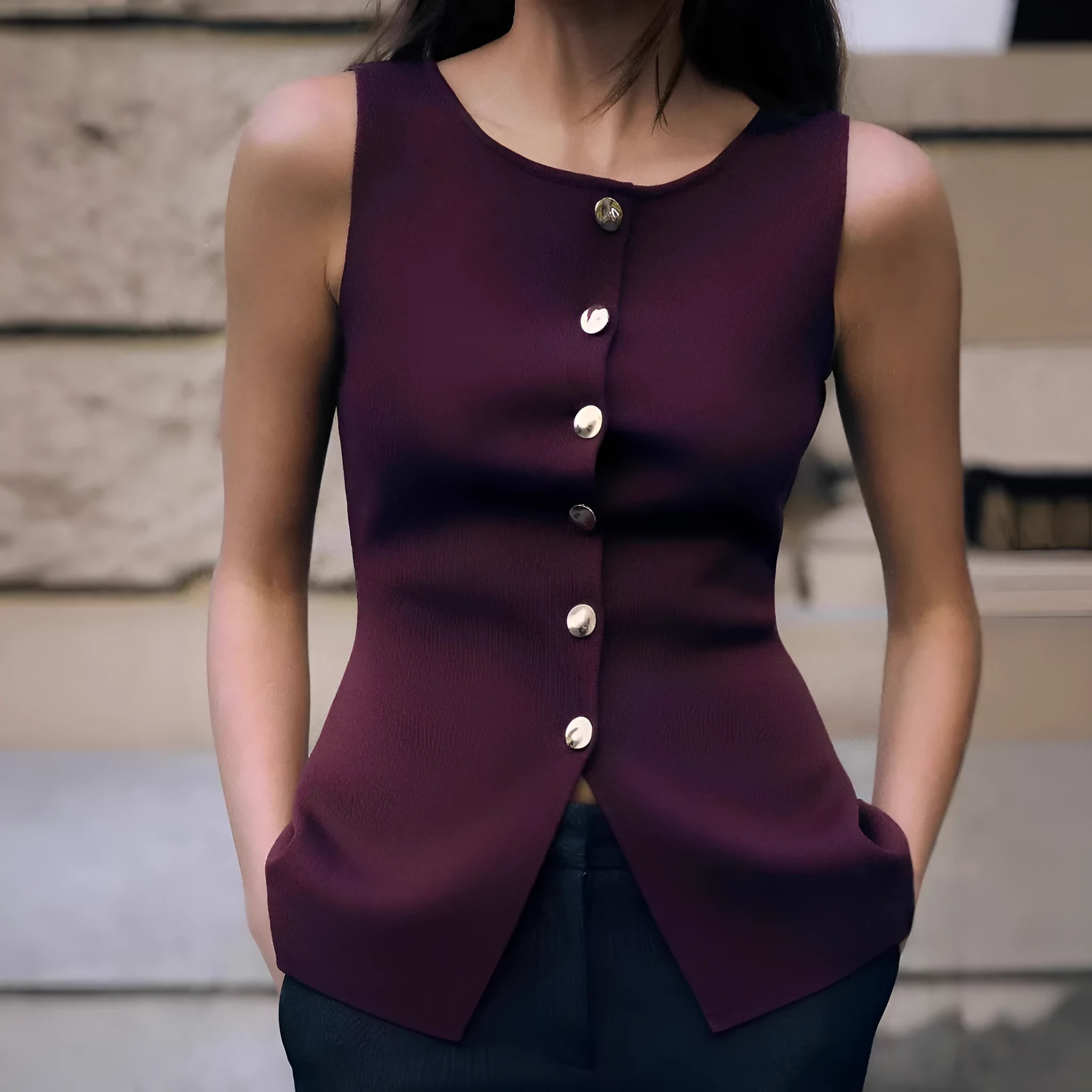 Gold button sweater vest in viscose fabric with slim fit design