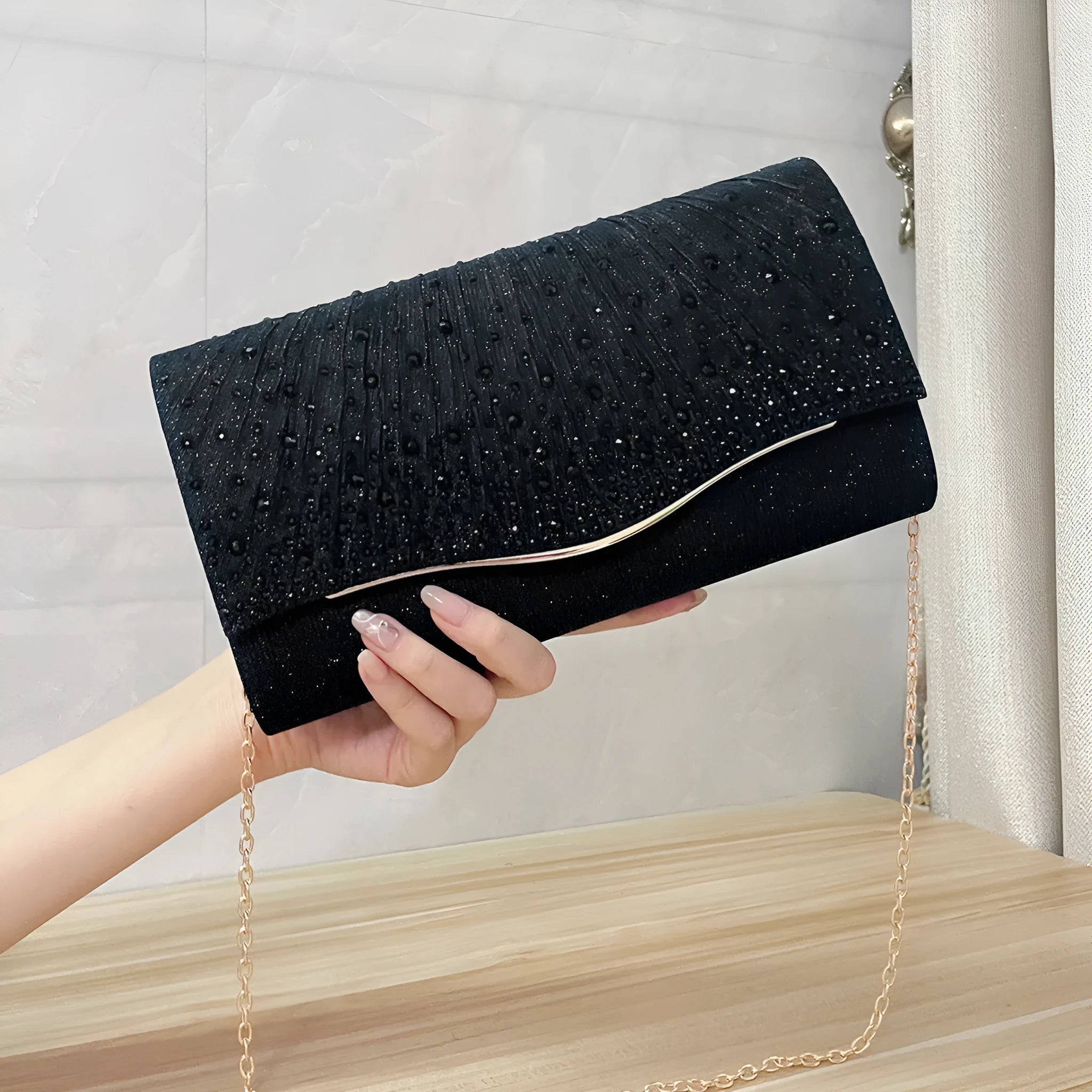 Woven fabric horizontal square dinner clutch with rhinestone diamond pattern, available in black, for women's party and daily use.