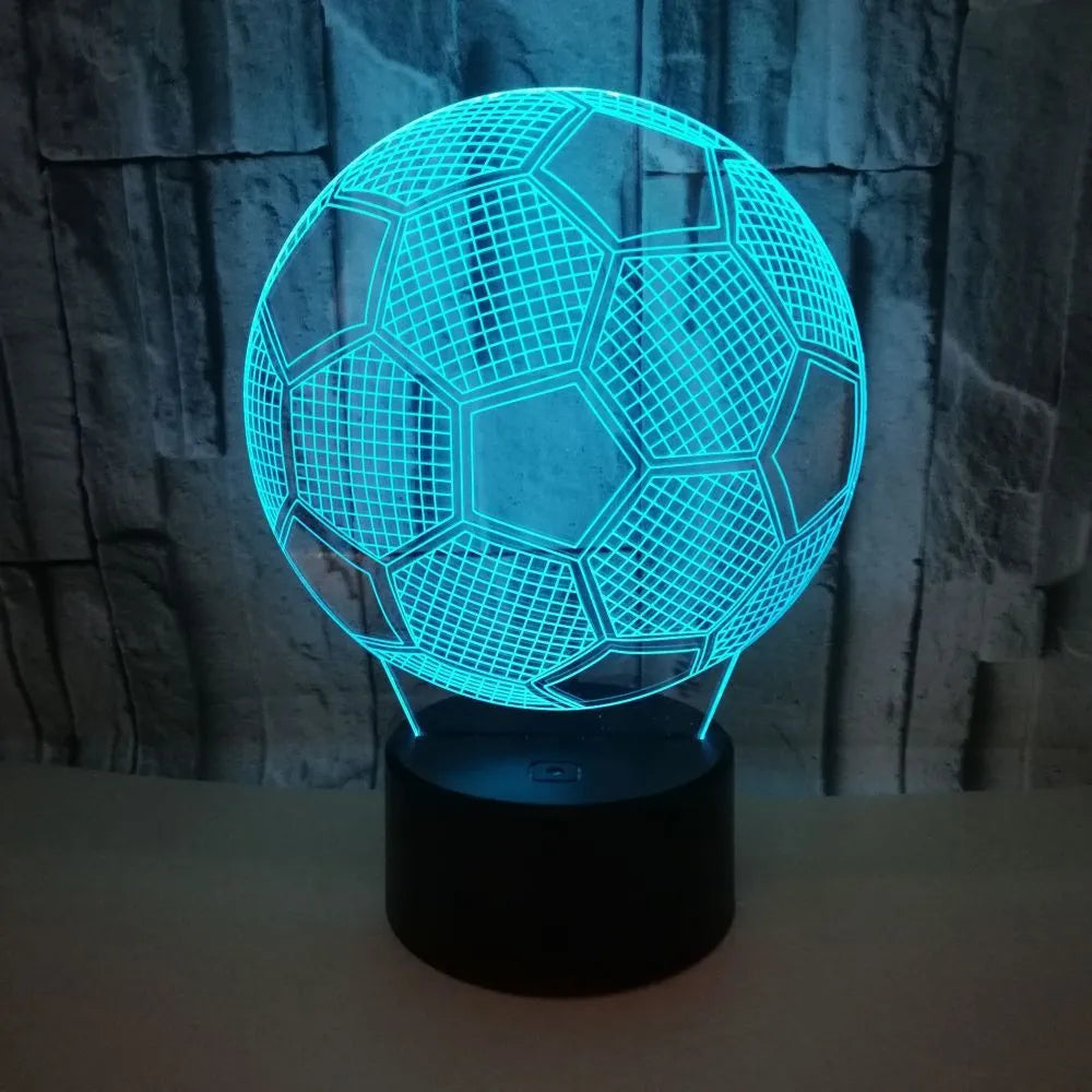 3D football themed night light showing multiple colour options on a black base