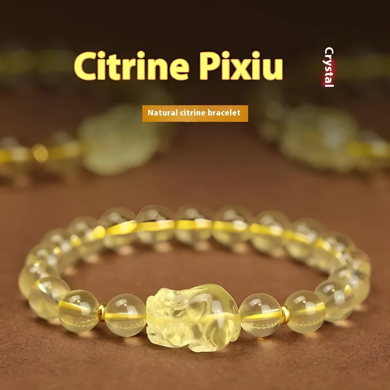 Yellow leather bracelet with a detailed golden citrine Pi Xiu crystal charm.