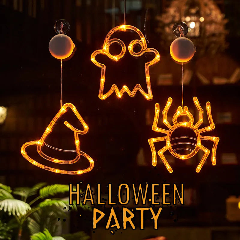 Halloween window hanging LED lights set with seven designs including spiders, pumpkins, and ghosts
