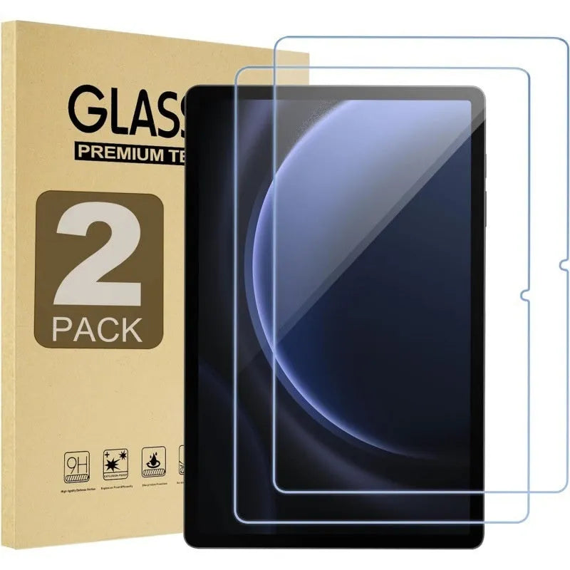 Samsung Galaxy tablet with a clear tempered glass screen protector showing anti-fingerprint and full coverage features.