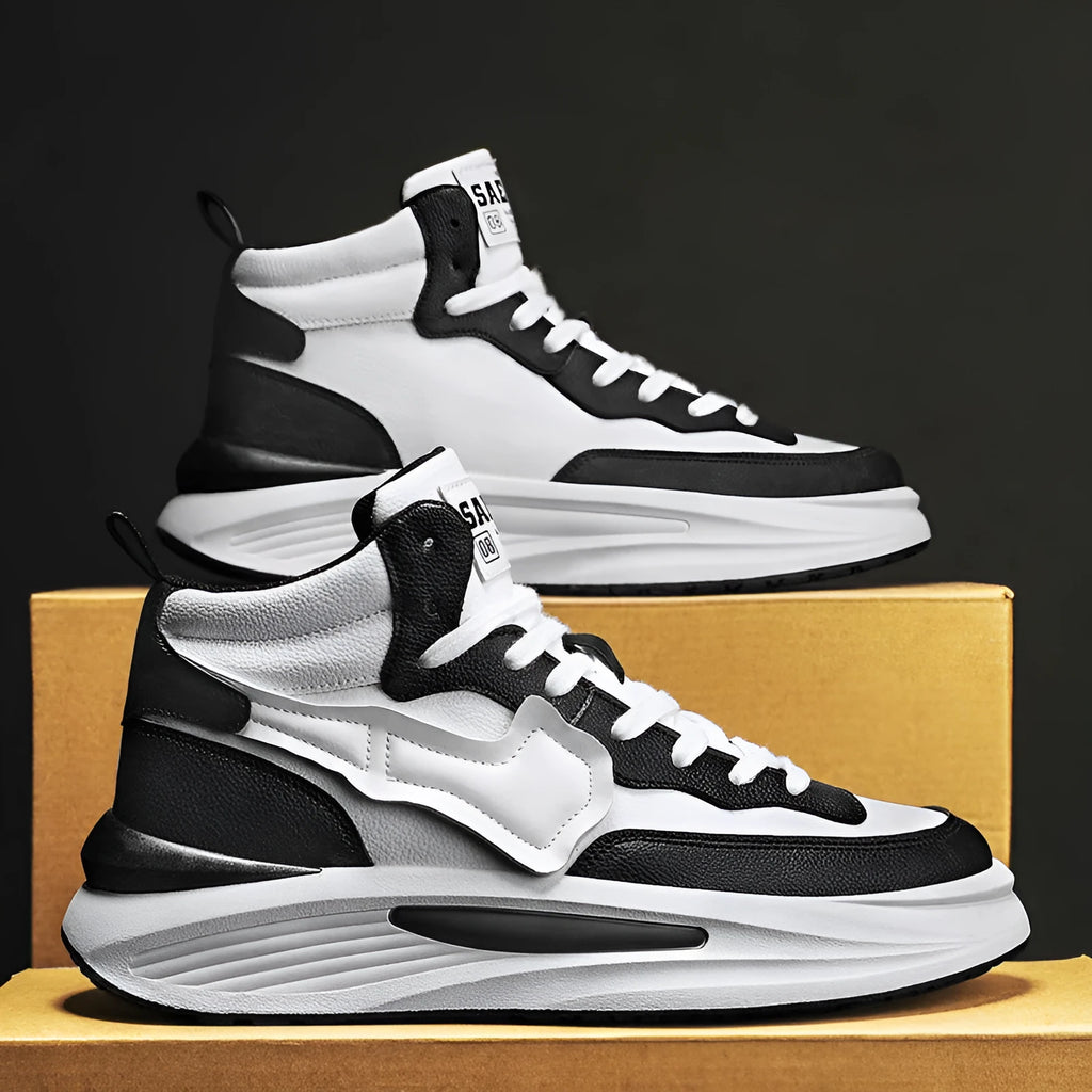Men's black and white high-top platform casual shoes with a round toe and PU upper.